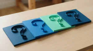 Vier Karteikarten mit gezeichneten Fragezeichen auf einem Tisch