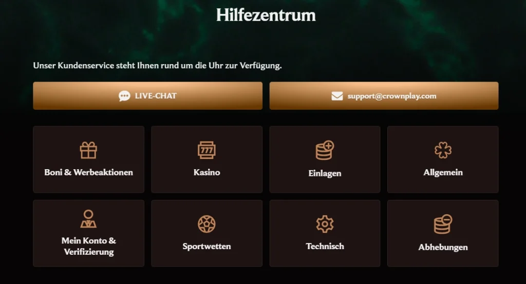 Themenkategorien im CrownPlay-Hilfezentrum für Zahlungen, Sportwetten und Kontoverwaltung