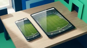 Mobiltelefon und größeres Mobilgerät liegen nebeneinander auf einem Holztisch