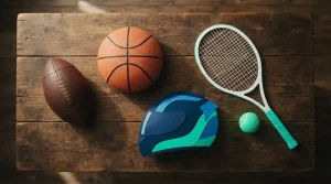 Fußball, Basketball, Tennisschläger und Rennsportzubehör auf einer Holzfläche