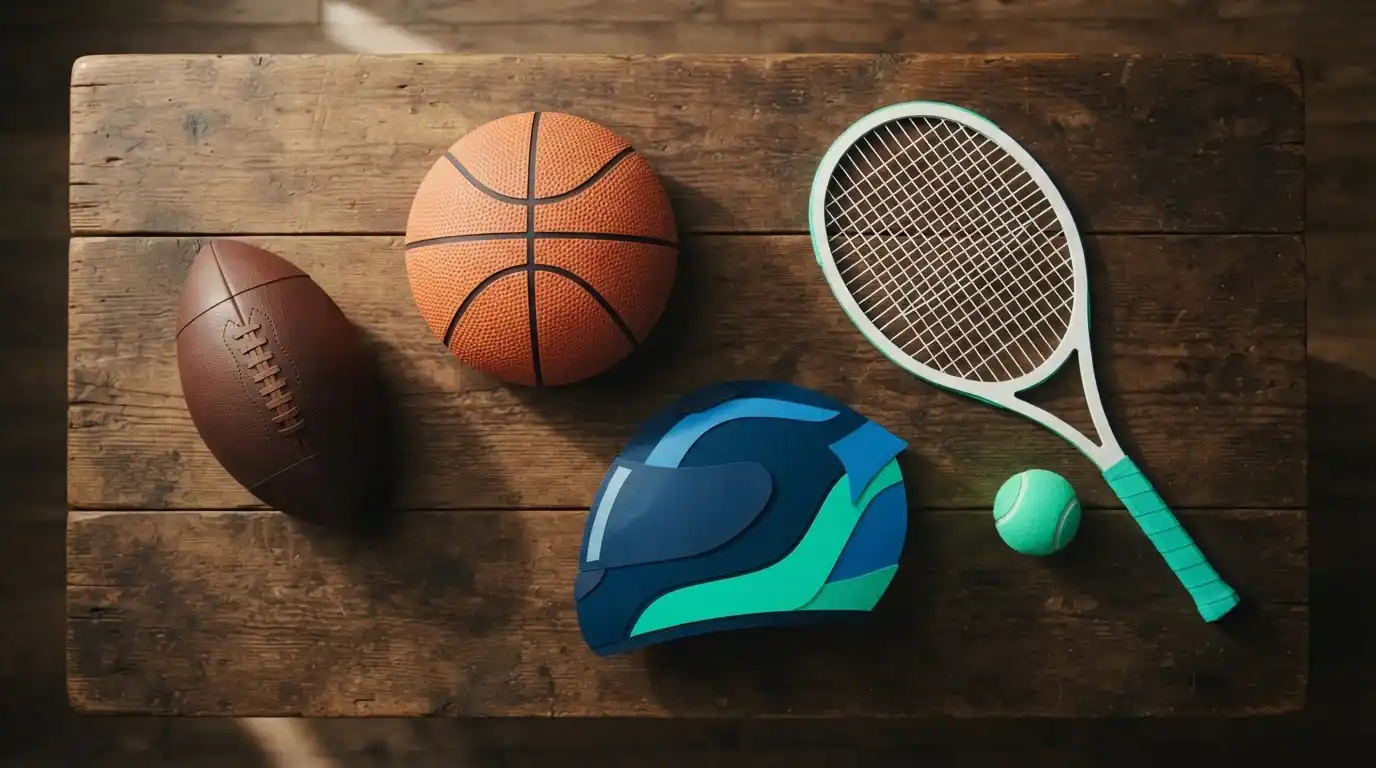Fußball, Basketball, Tennisschläger und Rennsportzubehör auf einer Holzfläche